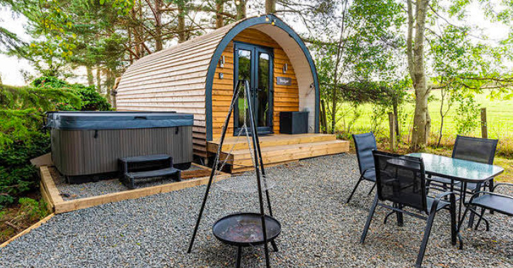 View of glamping pod and hot tub at West Hall Glamping, Durham